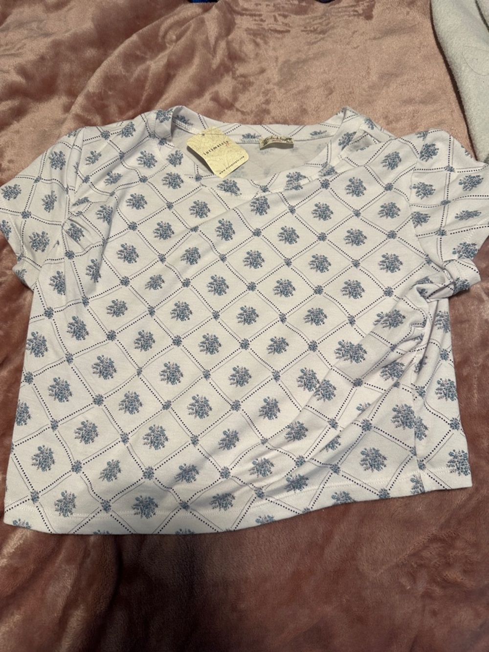 Free People White Tee with Blue Floral Diamond Print